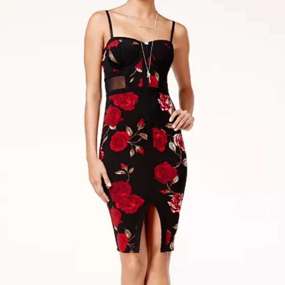 Sexy Black Midi Dress with Red Roses | M |